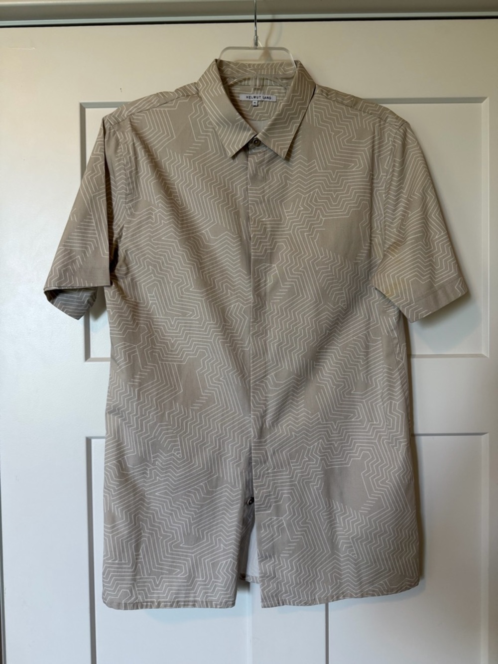 Helmut Lang men’s button up shirt pattern, tan w/ white, cotton, M